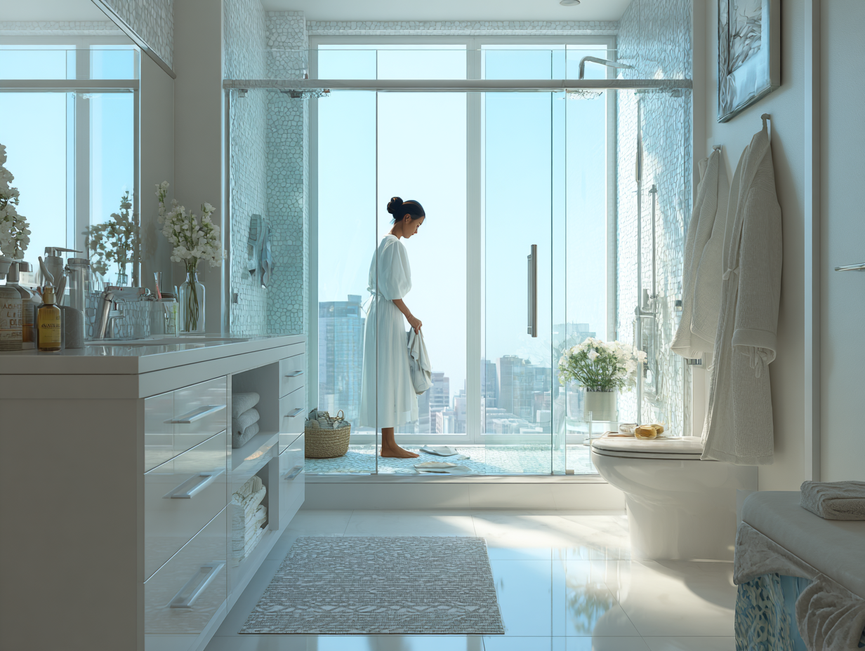 Woman standing in a clean bathroom with a glass shower and modern aesthetic
